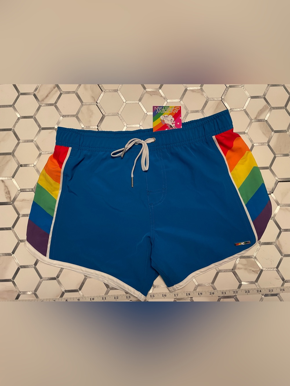 Andrew Christian Rainbow Pride Swim Shorts Men’s Medium NWT Blue